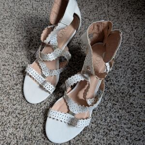 XOXO Sabrine Wedge Heel Sandals 6.5 White Lace Like Strappy Cutouts